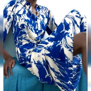 EUC ZARA The Emilie blue Printed Button Top Midi Dress Large